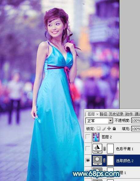 Photoshop下将街景美女图片调成时尚的青蓝色