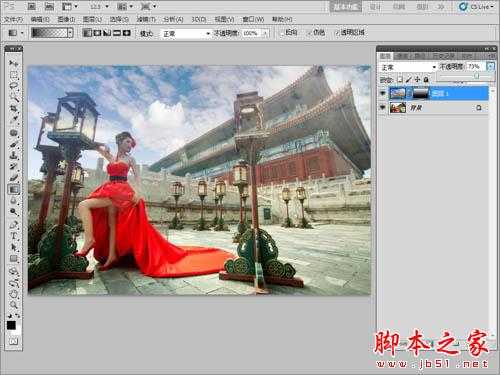 Photoshop为古建筑人物图片增加天空及美化教程