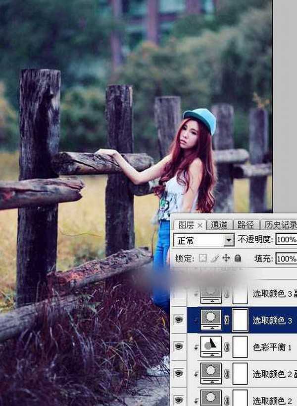 Photoshop为木桩边的美女人物加上高对比蓝黄色效果教程