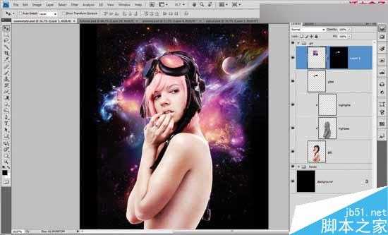 Photoshop合成星云四射背景下的美女效果图