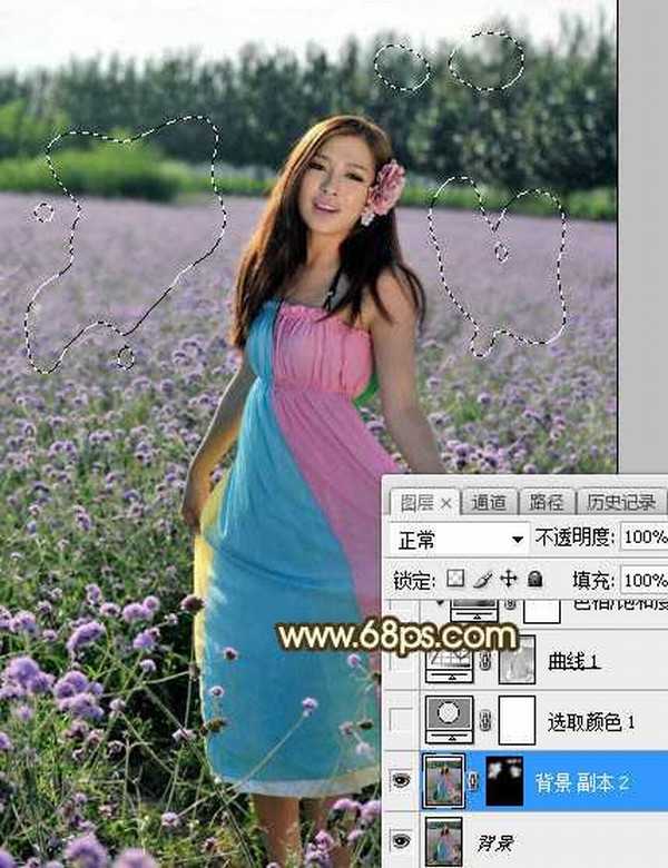 Photoshop调制出唯美的霞光色花圃中的人物图片